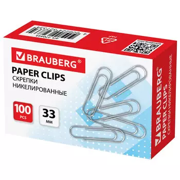 270443, (цена за 10 шт.) Скрепки BRAUBERG, 33 мм, никелированные, 100 шт., в картонной коробке, 270443