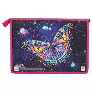 270859, Папка для тетрадей ЮНЛАНДИЯ А4, 1 отделение, картон/пластик, блестки, на молнии, "Colorful butterfly", 270859