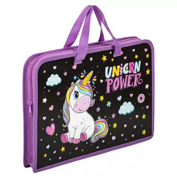 270944, Папка на молнии с ручками ЮНЛАНДИЯ А4, 1 отделение, пластик, ширина 40 мм, "Magic unicorn", 270944