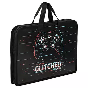 270948, Папка на молнии с ручками ЮНЛАНДИЯ А4, 1 отделение, пластик, ширина 40 мм, "Glitched", 270948