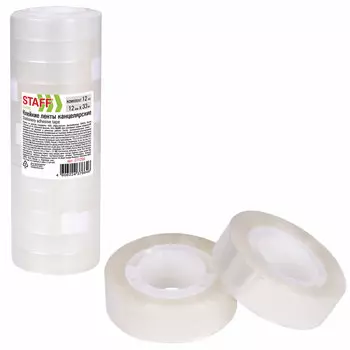 271259, Клейкие ленты 12 мм х 33 м канцелярские STAFF CLASSIC, КОМПЛЕКТ 12 шт., прозрачные, 271259
