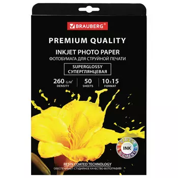 363999, Фотобумага PREMIUM суперглянцевая, 10х15 см, 260 г/м2, односторонняя, 50 листов, BRAUBERG, 363999