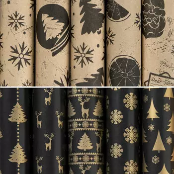 591910, (цена за 50 шт.) Бумага упаковочная новогодняя "Black&amp;Gold" 70х100 см, 10 дизайнов ассорти, ЗОЛОТАЯ СКАЗКА, 591910