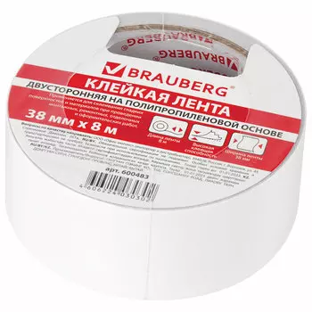 600483, (цена за 6 шт.) Клейкая двухсторонняя лента 38 мм х 8 м, ПОЛИПРОПИЛЕНОВАЯ ОСНОВА, 90 микрон, BRAUBERG, 600483