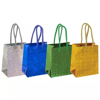 606605, (цена за 12 шт.) Пакет подарочный 11,4x6,4x14,6 см, ЗОЛОТАЯ СКАЗКА голография, ассорти 4 цвета, 606605