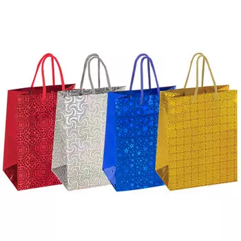 606606, (цена за 12 шт.) Пакет подарочный 17,8x9,8x22,9 см, ЗОЛОТАЯ СКАЗКА голография, ассорти 4 цвета, 606606