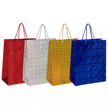 606607, (цена за 12 шт.) Пакет подарочный 26x12,7x32,4 см, ЗОЛОТАЯ СКАЗКА голография, ассорти 4 цвета, 606607