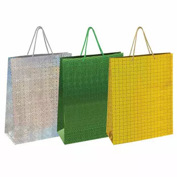 606610, (цена за 12 шт.) Пакет подарочный 33x12,7x44,7 см, ЗОЛОТАЯ СКАЗКА голография, ассорти 3 цвета, 606610