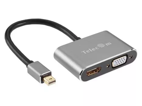 Адаптер Telecom Mini DisplayPort (M) -&gt; HDMI (F) + VGA (F), 4K@30Hz, 0.2m, Alum Grey, (TA6080)