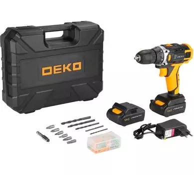 Аккумуляторная дрель-шуруповерт DEKO DKCD12FU-Li Advanced в кейсе + набор 63 инструмента для дома, 12В, 2х2.0Ач