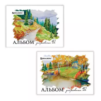 Альбом для рисования, А4, 40 листов, скоба, обложка картон, BRAUBERG, 200х283 мм, Родные просторы, 103729, (10 шт.)
