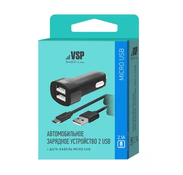Автомобильное зарядное устройство BoraSCO 2 USB, 2,1A + витой дата-кабель Micro USB, 2А, 2м черное
