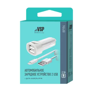 Автомобильное зарядное устройство BoraSCO 2 USB 2,1A + витой кабель 8pin 2м белый