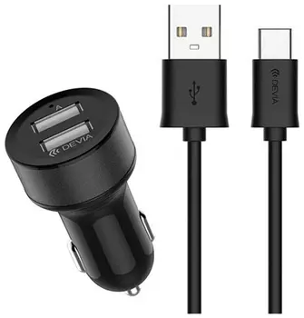 Автомобильное зарядное устройство Devia Smart Dual USB Car Charger Suit 2 USB с кабелем USB Type-C - Чёрный