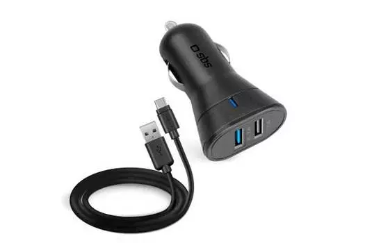 Автомобильное зарядное устройство SBS 2 USB порта, 2.1А + кабель USB Type-C, чёрный (TEKITCRC2U21AUL)