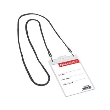 Бейдж вертикальный БОЛЬШОЙ (120х90 мм) на черном шнурке 45 см, 2 карабина, BRAUBERG, 235718, (10 шт.)