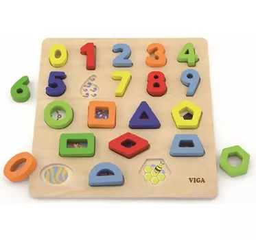 Блочный пазл (цифры и геометрические фигуры)в коробке 10 цифр,10 геометрических фигур VIGA 50119