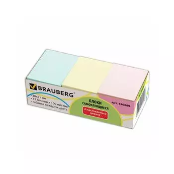 Блоки самоклеящиеся (стикеры), BRAUBERG, 38х51 мм, 100 листов, комплект 12 блоков, 3 пастельных цвета, 126689