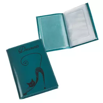 Бумажник водителя BEFLER Изящная кошка, натуральная кожа, тиснение, 6 пластиковых карманов, бирюзовый, BV.35.-1