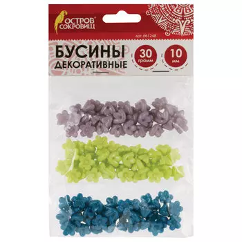 Бусины для творчества Цветы, 10 мм, 30 грамм, серые, голубые, салатовые, ОСТРОВ СОКРОВИЩ, 661248, (6 шт.)