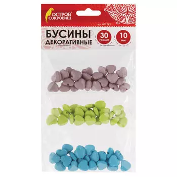 Бусины для творчества Сердце, 10 мм, 30 грамм, серые, голубые, салатовые, ОСТРОВ СОКРОВИЩ, 661243, (6 шт.)