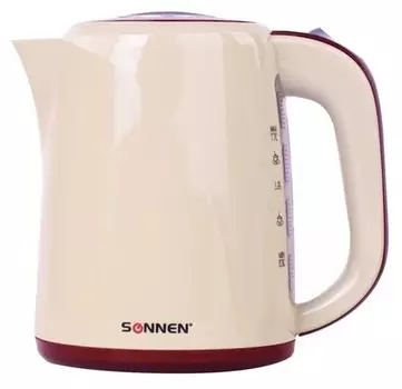 Чайник Sonnen KT-002, 1,7 л, 2200 Вт, закрытый нагревательный элемент, пластик, бежевый/красный