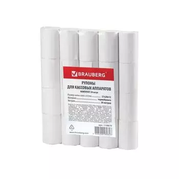 Чековая лента ТЕРМОБУМАГА 57 мм (диаметр 37 мм, длина 20 м, втулка 12 мм) КОМПЛЕКТ 20 шт., BRAUBERG, 110879