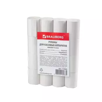 Чековая лента ТЕРМОБУМАГА 57 мм (диаметр 43 мм, длина 27 м, втулка 12 мм) КОМПЛЕКТ 16 шт., BRAUBERG, 110880