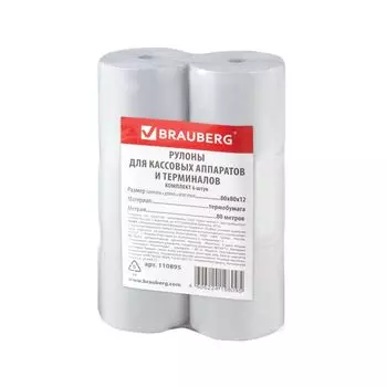Чековая лента ТЕРМОБУМАГА 80 мм (диаметр 78 мм, длина 80 м, втулка 12 мм) КОМПЛЕКТ 6 шт., BRAUBERG, 110895