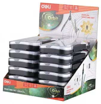 Циркуль Deli EG30404 + линейка, транспортир, 2 угольника, карандаш, ластик, точилка, корпус ассорти (12 шт. в уп-ке)