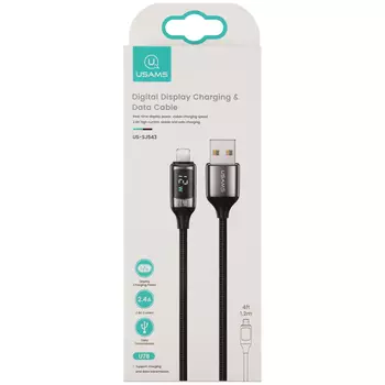 Дата-Кабель USAMS US-SJ543 U78 USB - Lightning, 2,4A (1,2 м), LED дисплей, нейлоновая оплетка, черный (SJ543USB01)