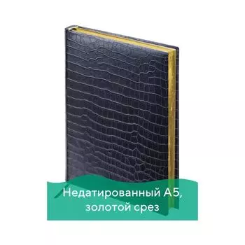 Ежедневник BRAUBERG недатированный, А5, 138х213 мм, Comodo, под матовую крокодиловую кожу, 160 л., черный, крем. блок, зол.срез, 124974