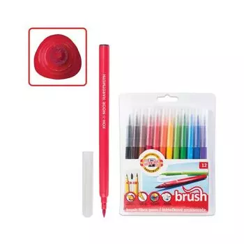 Фломастеры KOH-I-NOOR, 12 цветов, наконечник-кисть, смываемые, трехгранные, пластиковая упаковка, 771009AB01TE