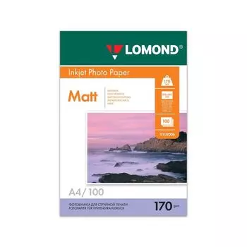 Фотобумага для струйной печати, А4, 170 г/м2, 100 листов, двухсторонняя матовая, LOMOND, 0102006