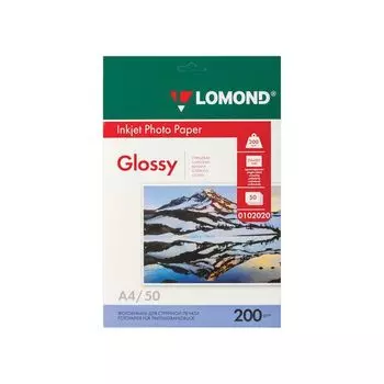 Фотобумага для струйной печати, А4, 200 г/м2, 50 листов, односторонняя глянцевая, LOMOND, 0102020