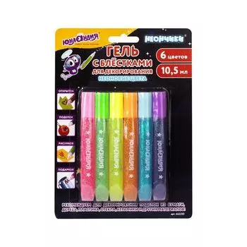 Гель с блестками ЮНЛАНДИЯ "НЕОНЧИКИ", 6 цветов по 10,5 мл, блистер, 662250 (6 шт.)