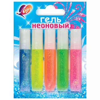 Гели с блестками ЛУЧ Неоновый, НАБОР 5 цветов, в тубах по 5 мл, блистер, 12С886-08, (7 шт.)