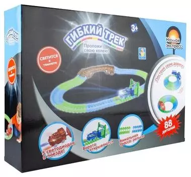 Гибкий трек 1TOY "Ночной Экспресс" 82дет.(ворота, мини-мост, паровоз со светом, дорога светится).