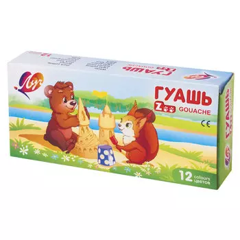 Гуашь ЛУЧ ZOO, 12 цветов по 15 мл, блок-тара, без кисти, картонная упаковка, 20С1356-08