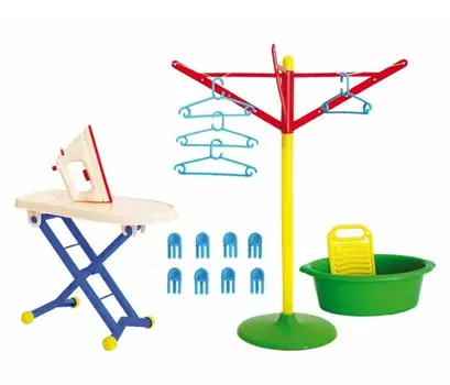 Игровой набор "Золушка"№3 (17 предметов) в сумке таз,стир.доска,глад.доска,утюг,сушилка,плечики-4 шт.прищепки У759