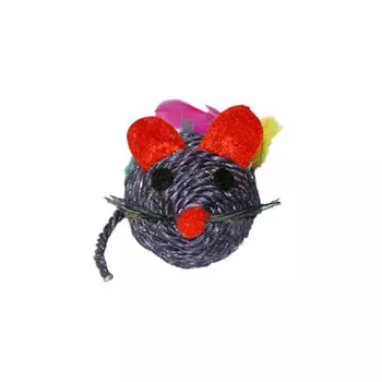 Игрушка Котенок сизаль "МЫШЬ С ПЕРЬЯМИ И МЯТОЙ" 6,5 см ТМ-2011