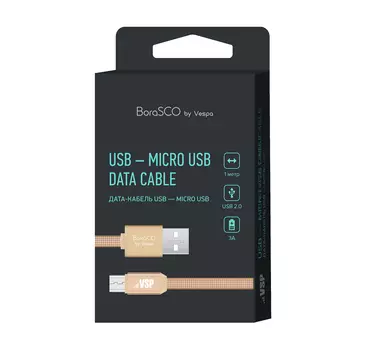 Кабель BoraSCO USB - Micro USB, 3А, 1м, металл, в нейлоновой оплетке, плоский, золотой