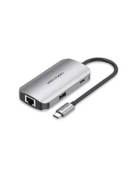 Кабель Vention USB-C to USB 3.0x3/RJ45/PD Hub 0.15M Gray Aluminum Alloy Type (TNFHB)