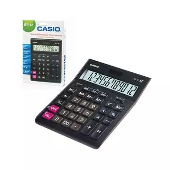 Калькулятор настольный CASIO GR-12-W (209х155 мм), 12 разрядов, двойное питание, черный, европодвес