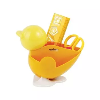 Канцелярский детский набор ЮНЛАНДИЯ ЦЫПЛЕНОК, 4 предмета: подставка, линейка со скрепками, ножницы, ластик, цвет желтый, блистер, 236959