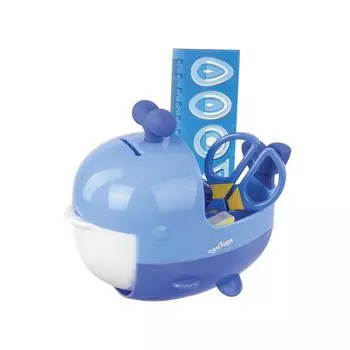 Канцелярский детский набор ЮНЛАНДИЯ "КИТ", 4 предмета: подставка, линейка со скрепками, ножницы, ластик, цвет - синий, блистер, 236955