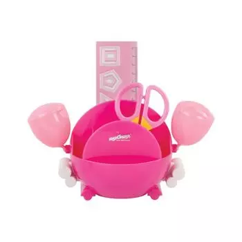 Канцелярский детский набор ЮНЛАНДИЯ КРАБ, 4 предмета: подставка, линейка со скрепками, ножницы, ластик, цвет - розовый, блистер, 236958