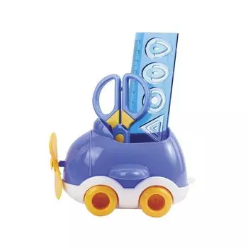 Канцелярский детский набор ЮНЛАНДИЯ САМОЛЕТ, 4 предмета: подставка, линейка со скрепками, ножницы, ластик, цвет - синий, блистер, 236961