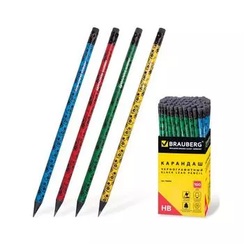 Карандаш чернографитный BRAUBERG, 1 шт., Fuete, НВ, черное дерево, c резинкой, корпус ассорти, заточенный, 180634, (100 шт.)