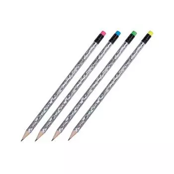 Карандаш чернографитный ПИФАГОР, 1 шт., НВ, с резинкой ассорти, фольгированный корпус (серебряный), заточенный, 180618, (100 шт.)